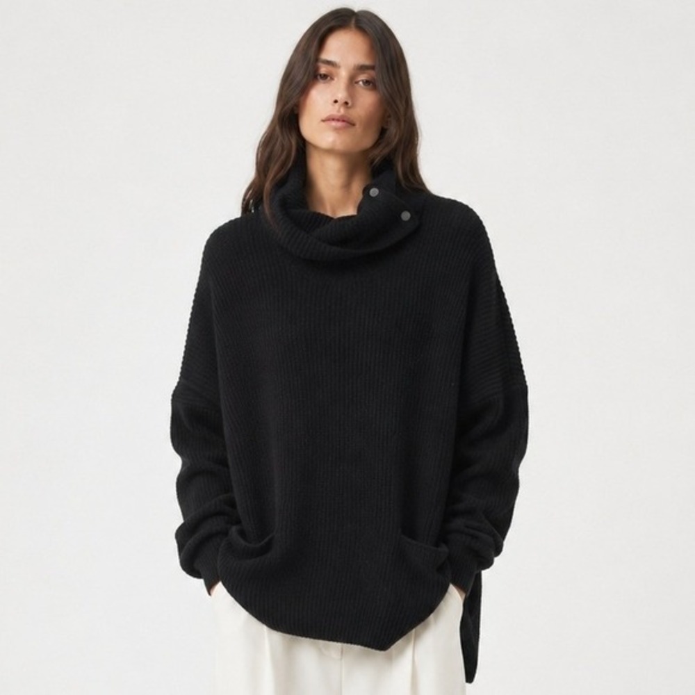 Vince Black Wool Yak Blend Oversized Turtleneck Snap Button Sweater‎ Size S